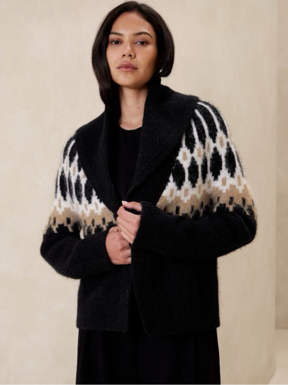 Banana Republic Black Shawl-Collar Fair Isle Cardigan with Cream and Tan Yoke
